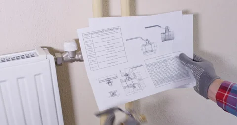 Technician reviews schematic while marking valve location Stockbeeldmateriaal 322010182
