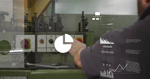 Technician rotating dial on machine and pressing stop, causing data overlays Video stock 317275330