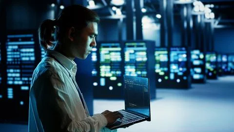 Technician runs code in data center Stock Photos