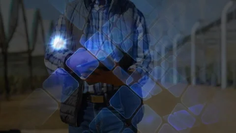 Technician scanning solar panels, lifting tablet and activating grid overlay Stock Footage 311039901
