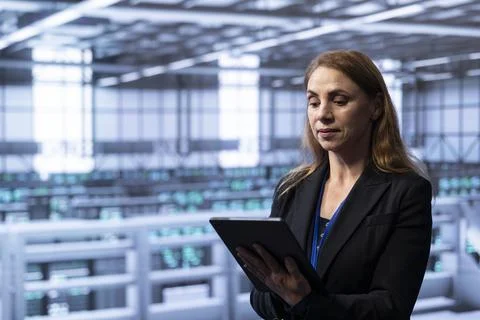 Technician in server hub checking recovery plan on tablet, monitoring rigs Stock Photos