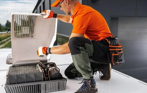 Technician Servicing Camper Van Rooftop HVAC Unit on a Clear Day Foto stock