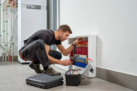 Technician servicing underfloor heating manifold in utility room Stock Photos