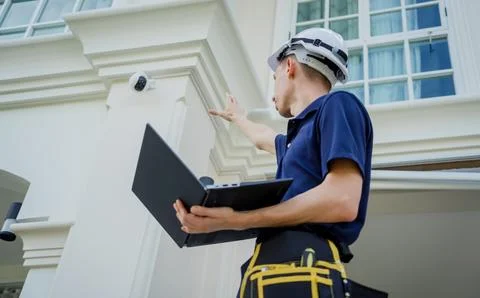 A technician sets up a CCTV camera on the facade of a residential building. Stock Photos
