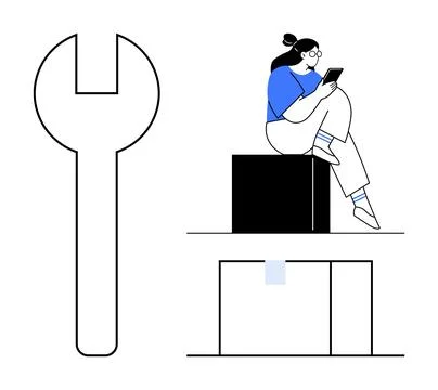 Technician Sitting on Box with Tablet Next to Large Wrench and Storage Unit Stock Illustration
