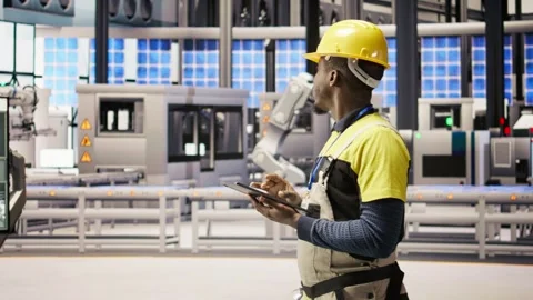 Technician in solar panels factory does maintenance using tablet Stock Footage 308728132