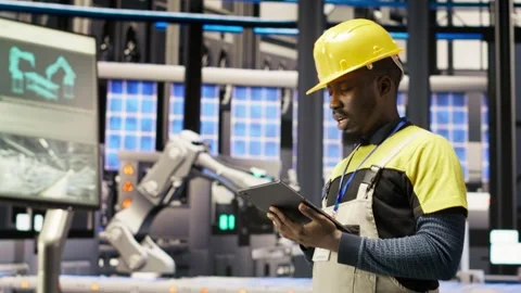 Technician in solar panels factory does maintenance using tablet Stock Footage 308728214