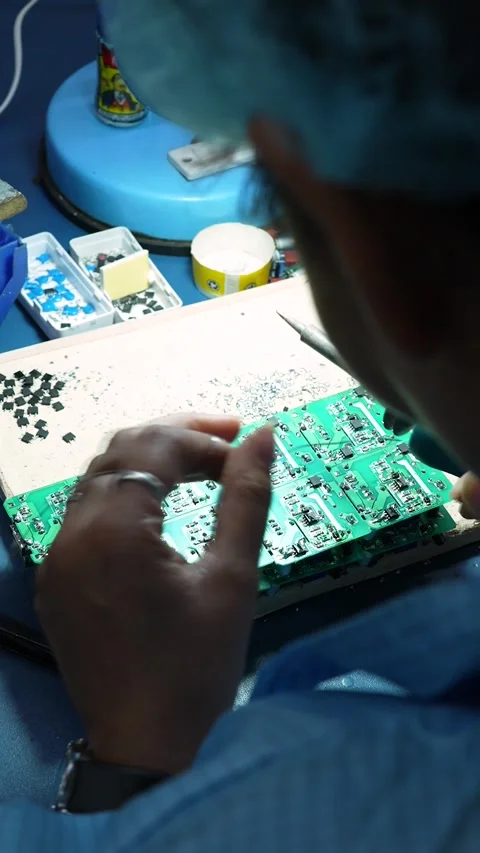Technician Soldering Electronic Circuit Board in Noida Facility Stock Footage 345809277