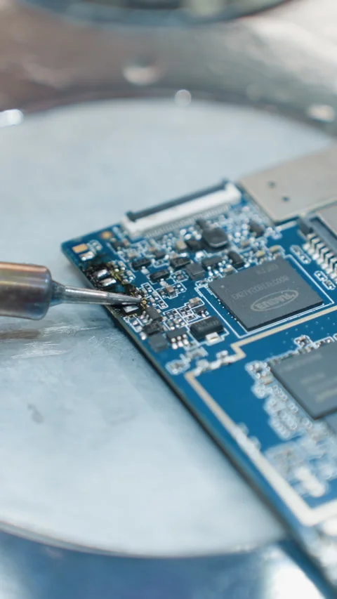 Technician Soldering Electronic Components on Circuit Board Under Microscope Stock Footage 310490539