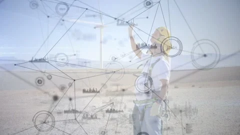 Technician standing arid plain when raising arm pointing up overlay nodes Stock Footage 332523163