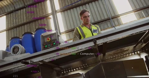 Technician stepping onto platform and initiating translucent code overlay for Video stock 330114713