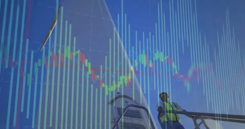 Technician stepping onto platform while stock chart shifting across turbine, Video stock 311586914