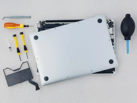 Technician support upgrade part and fixing laptop. Stock Photos