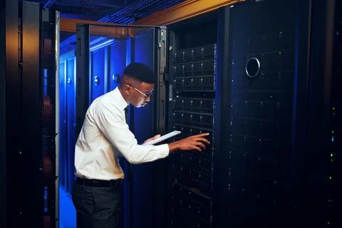 Technician, tablet or hardware inspection in server room for rack health, s.. Stock Photos