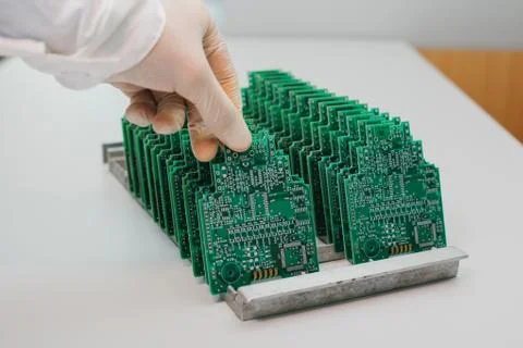 The technician takes a computer board with chips. Spare parts and components for Foto stock