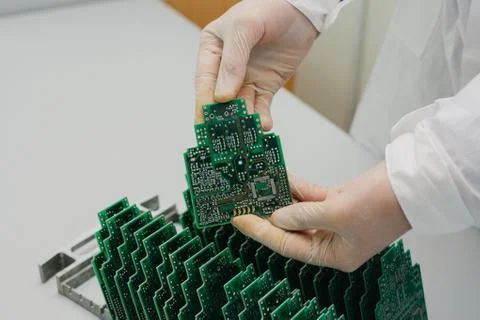 The technician takes a computer board with chips. Spare parts and components for Foto stock