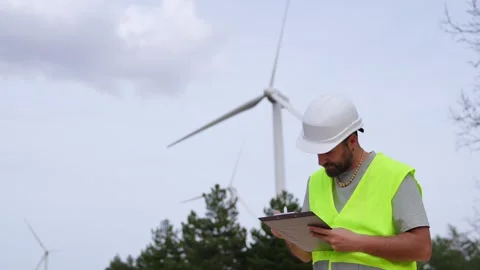 Technician Taking Notes on Clipboard Near Wind Turbine Stock Footage 276312475