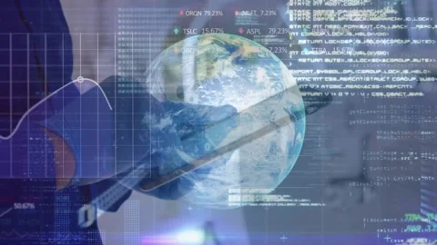 Technician tapping and swiping device in lab, animating 3D globe and HUD to Stock Footage 327842162