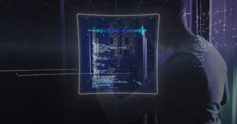 Technician tapping device generating 3D HUD expanding into multipanel server Stock Footage 317260667