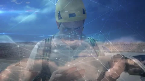 Technician tapping tablet and activating cloud technology overlay while Stock Footage 329561329