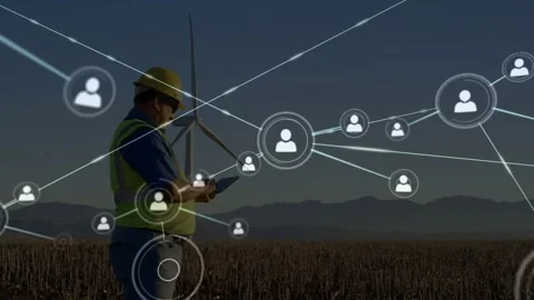 Technician tapping tablet and generating icon overlay near turbine for renewable Видео 317741249