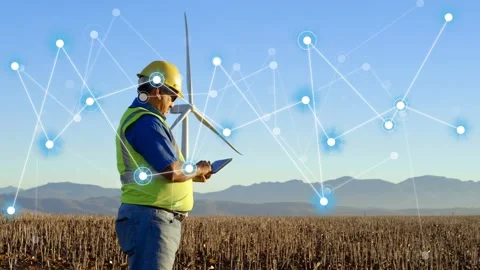 Technician tapping tablet in field, causing expanding node overlay visualizing Stock Footage 333950549