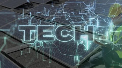 Technician tapping tablet kneeling on panels activating neon TECH wireframe Stock Footage 311046894