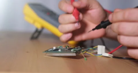 Technician testing the circuit board with a multimeter Видео 160965621