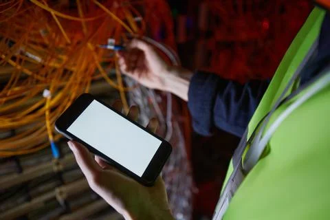 Technician Testing Power in Computer Network Stock Photos