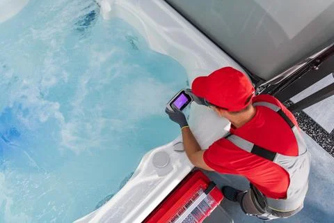 Technician Testing Water Quality in Hot Tub During Mid-Morning Hours Fotos Stock