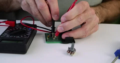 Technician tests electronics on workbench. Hands of man uses multimeter and Stock Footage 329485824
