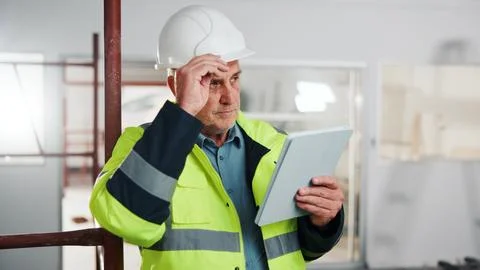Technician, thinking and man with tablet for engineer schedule, renovation or Stock Photos