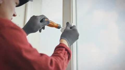 Technician in uniform and gloves carefully unscrews handle of plastic window Vidéo 341490345