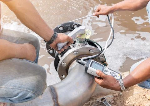 Technician use hand-held velocity measuring air flowing aero fill pipe. Stock Photos