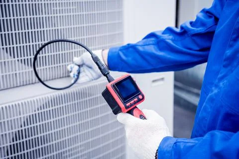 The technician uses a digital camera to check the clogging of the heat exchanger Stock Photos