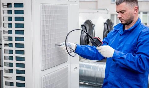 The technician uses a digital camera to check the clogging of the heat exchanger Stock Photos