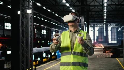 Technician uses virtual reality equipment to review fabrication tasks Stock Footage 322207893