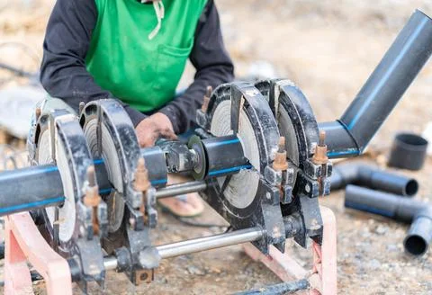 A technician using an angle grinder to prep black HDPE pipes secured in a b.. Fotos Stock