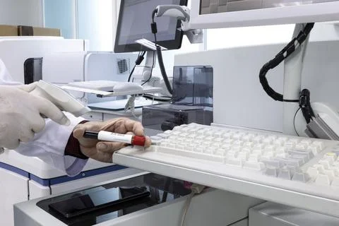 A technician using a bar code reader. Stock Photos