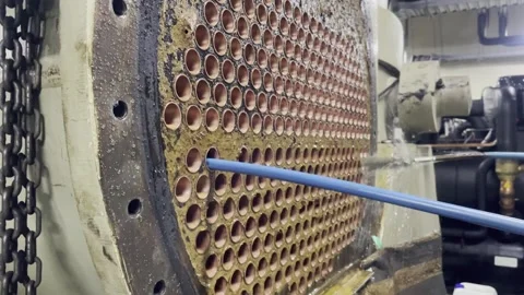 Technician is using brush to clean condenser tube of Chiller Stock Footage 163088113