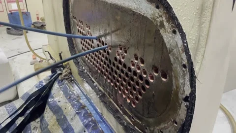 Technician is using brush to clean condenser tube of Chiller Stock Footage 163088119