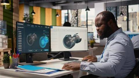 Technician using CAD program on PC to optimize wind turbine design Stock-Fotos
