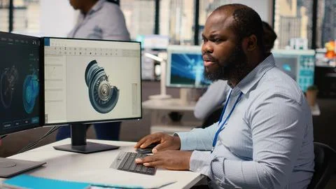 Technician using CAD program on PC to optimize wind turbine design Stock-Fotos