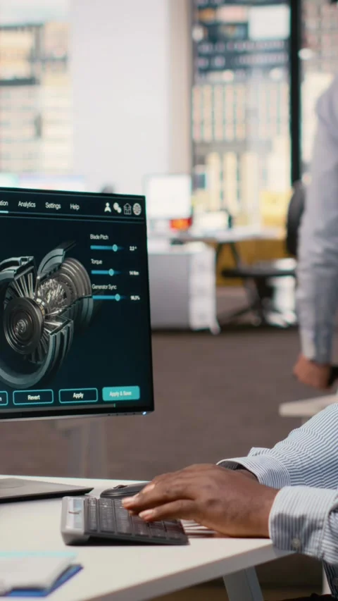 Technician using CAD software to optimize wind turbine blade aerodynamics Stock Footage 315475256