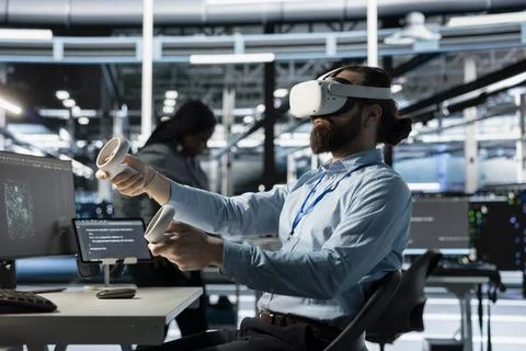 Technician using computer in data center, running scripts Stock Photos