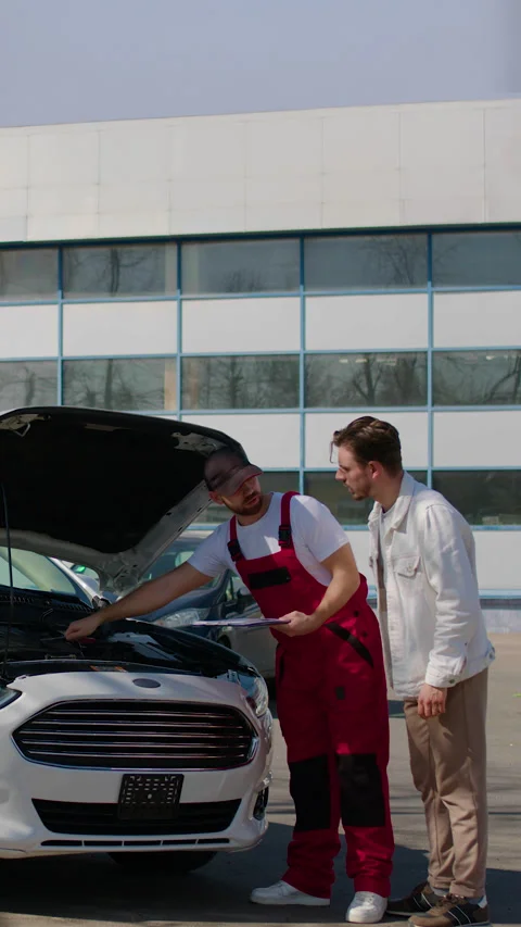 Technician using diagnostic computer to identify engine problems on a white car Stock Footage 320394012