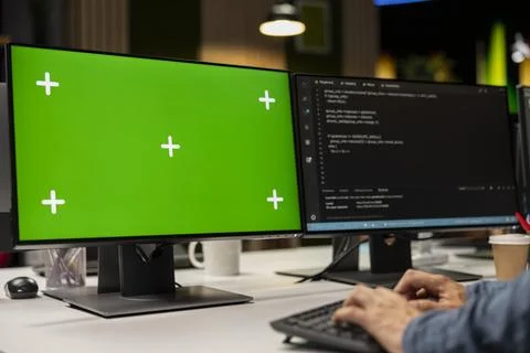 Technician using green screen PC to write code, debugging software issues Stock Photos