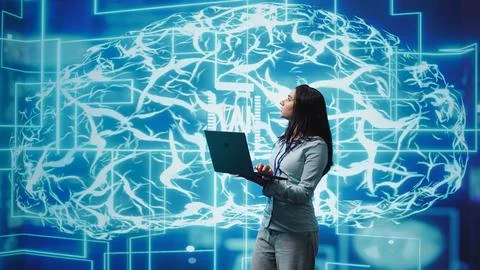 Technician using laptop to maintenance artificial intelligence neural networks Foto stock