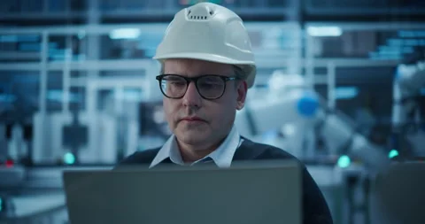 Technician Using Laptop in Robotics Factory Stock Footage 319830737
