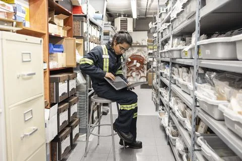 Technician using laptop in storeroom Stock Photos